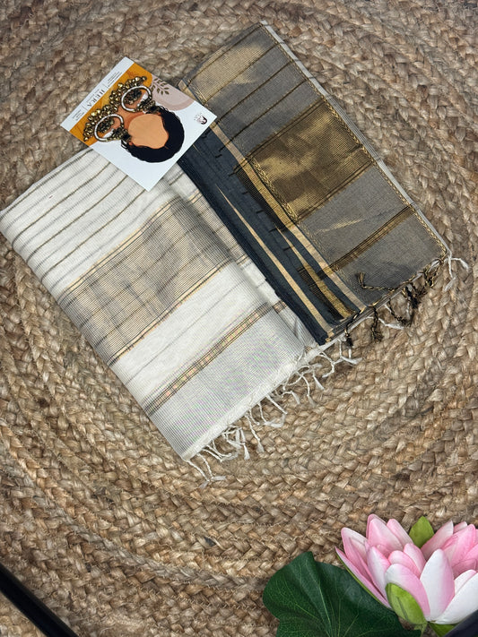 Ivory Rajsi – Off White Maheshwari Cotton Silk Saree with Grey & Gold Zari Border