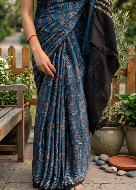 Person wearing a blue patterned saree in an outdoor setting with plants and stones.