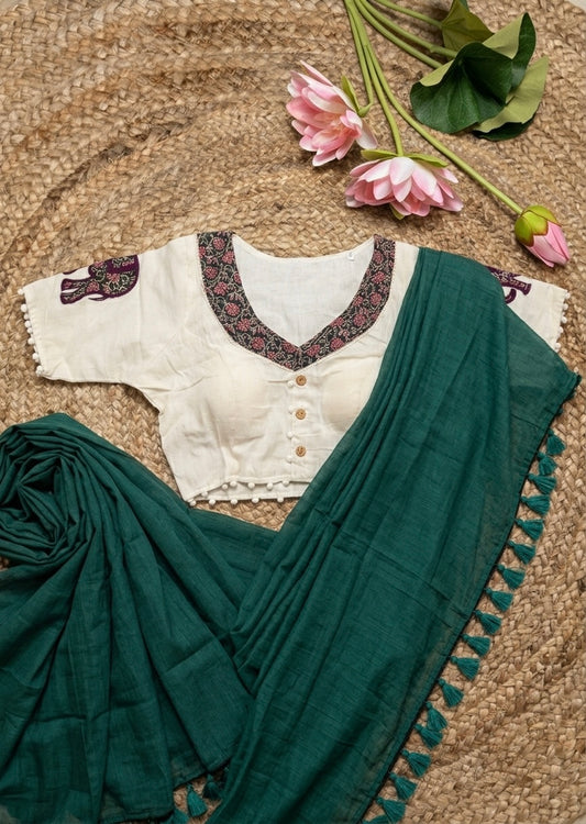 Rama Green Fancy Khadi Cotton Saree with Khadi Cotton Blouse