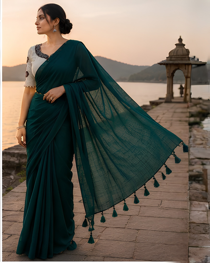 Rama Green Fancy Khadi Cotton Saree with Khadi Cotton Blouse (Copy)