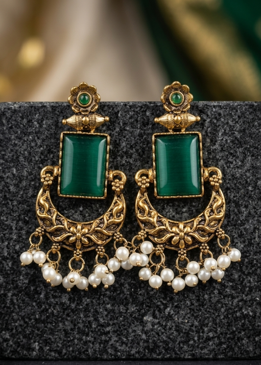 Emerald Pearl Crescent Earrings