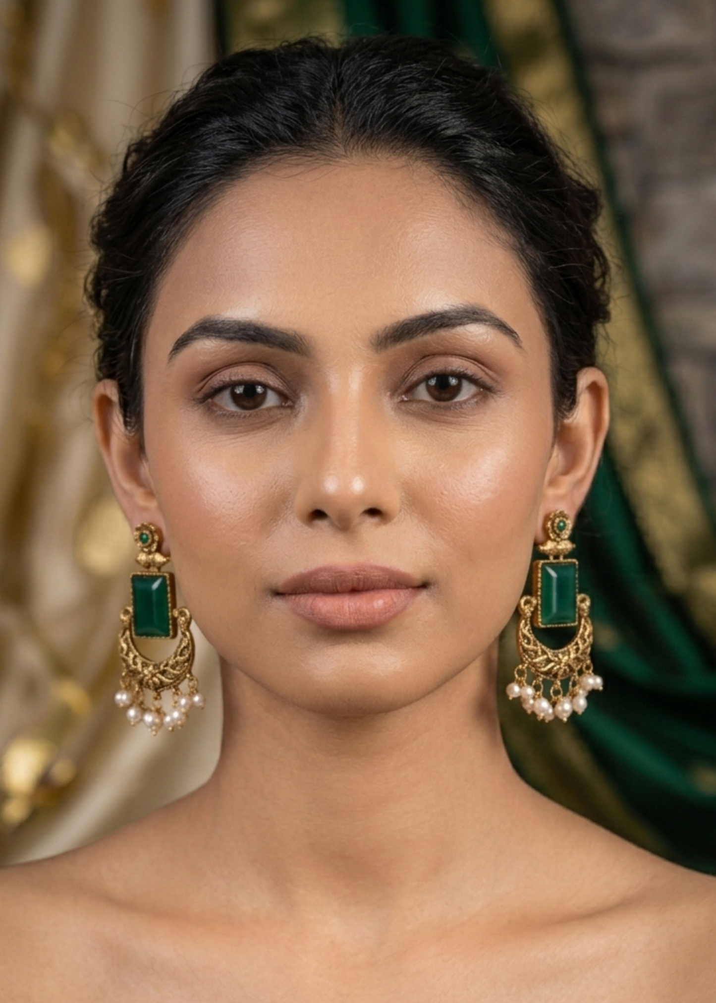 Emerald Pearl Crescent Earrings