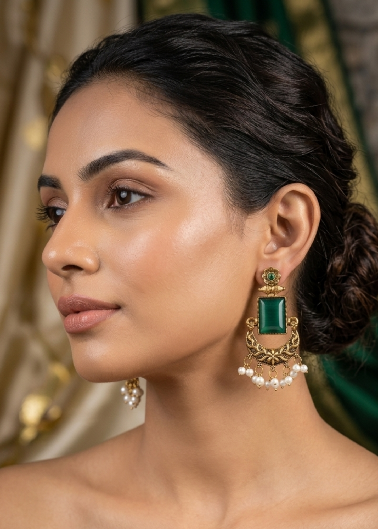 Emerald Pearl Crescent Earrings
