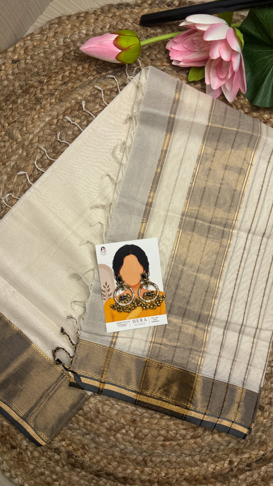 Ivory Rajsi – Off White Maheshwari Cotton Silk Saree with Grey & Gold Zari Border