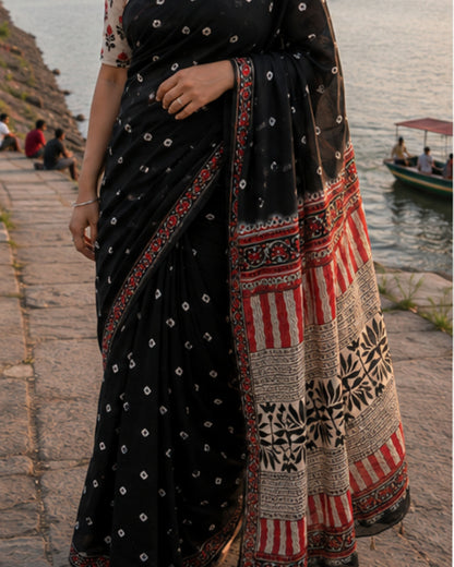Red & Black Pure Ajrakh Print Modal Silk Saree with Printed Blouse