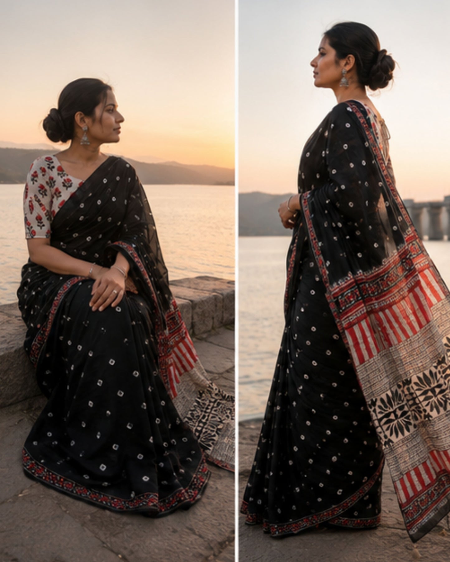 Red & Black Pure Ajrakh Print Modal Silk Saree with Printed Blouse