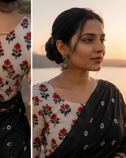 Red & Black Pure Ajrakh Print Modal Silk Saree with Printed Blouse