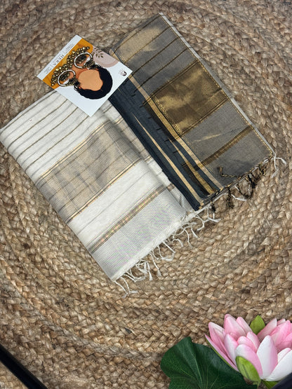 Ivory Rajsi – Off White Maheshwari Cotton Silk Saree with Grey & Gold Zari Border