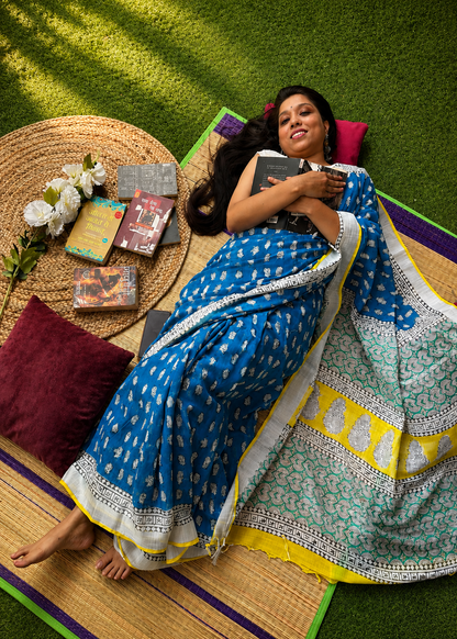 Saanjh – Pure Linen Cotton Bagru Hand Block Print Saree