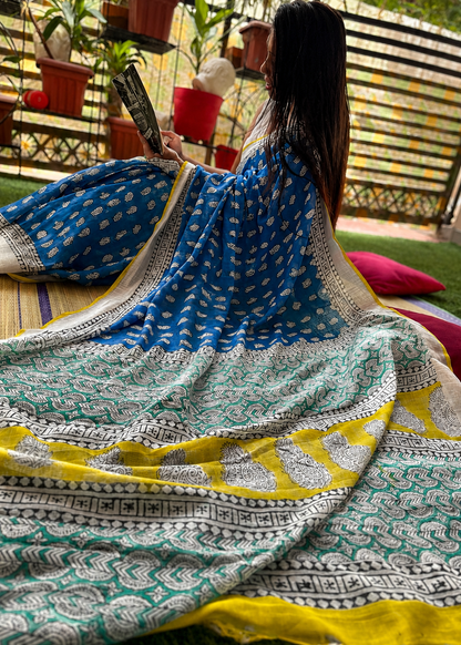 Saanjh – Pure Linen Cotton Bagru Hand Block Print Saree