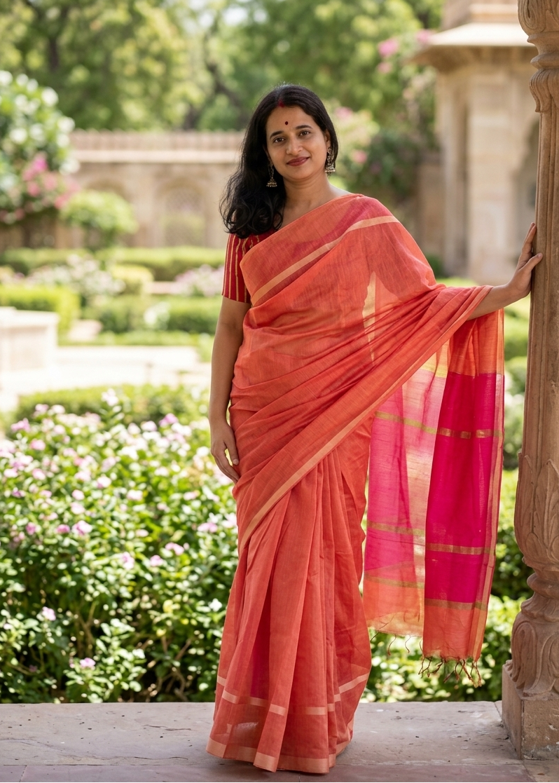 Woman in a traditional saree standing outdoors with greenery and architectural elements in the background