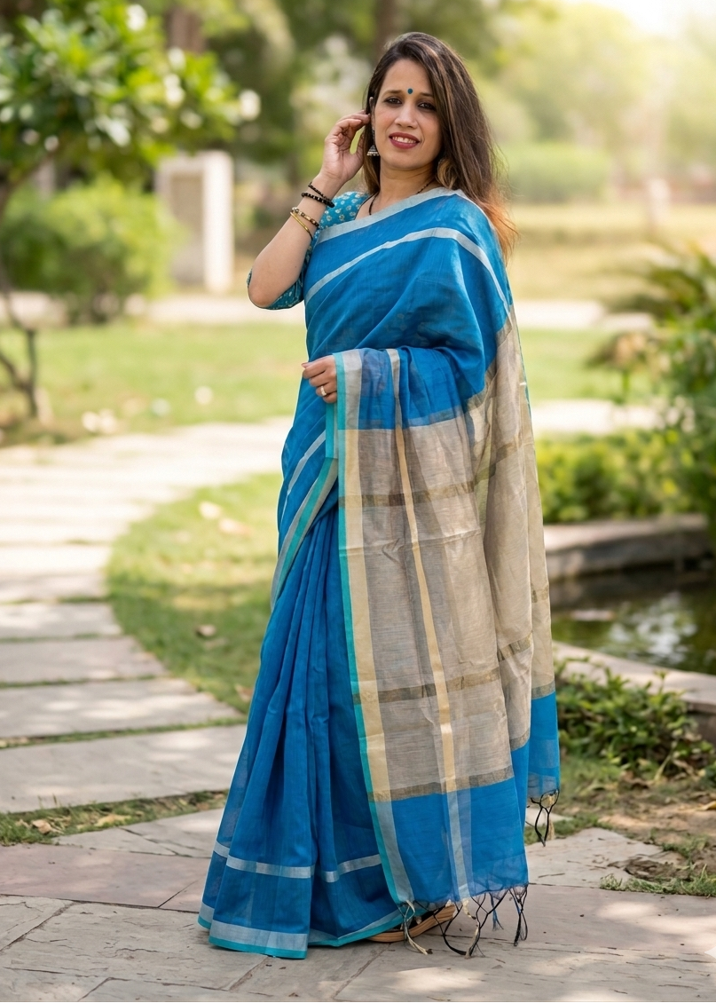 Woman in a blue saree standing outdoors with greenery in the background