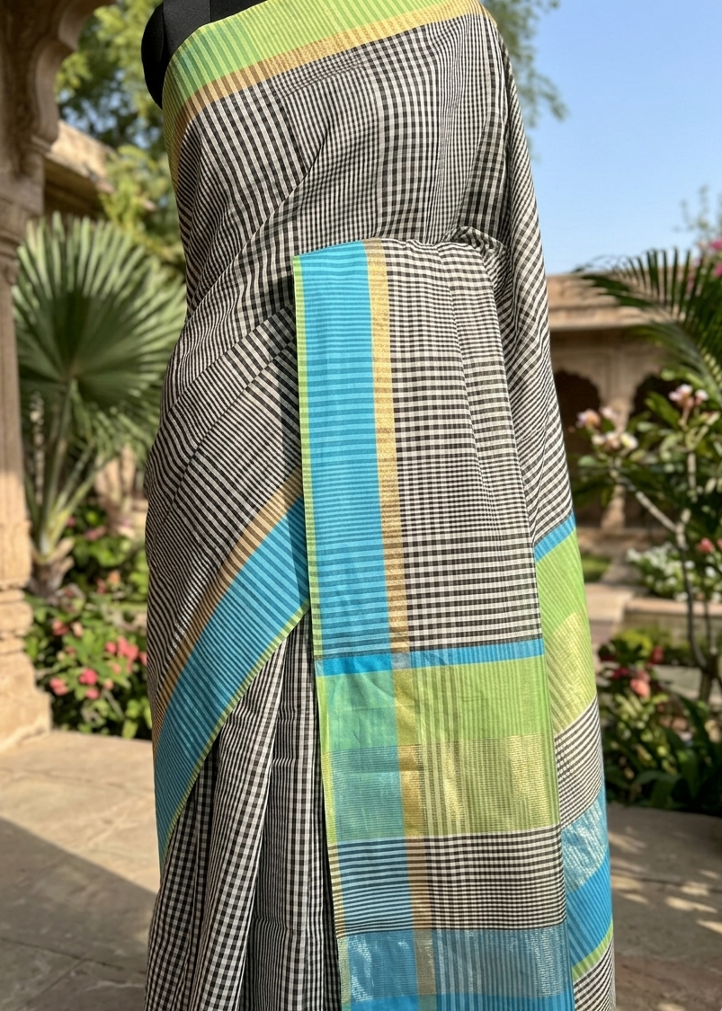 Saree with a checkered pattern and colorful border in an outdoor setting
