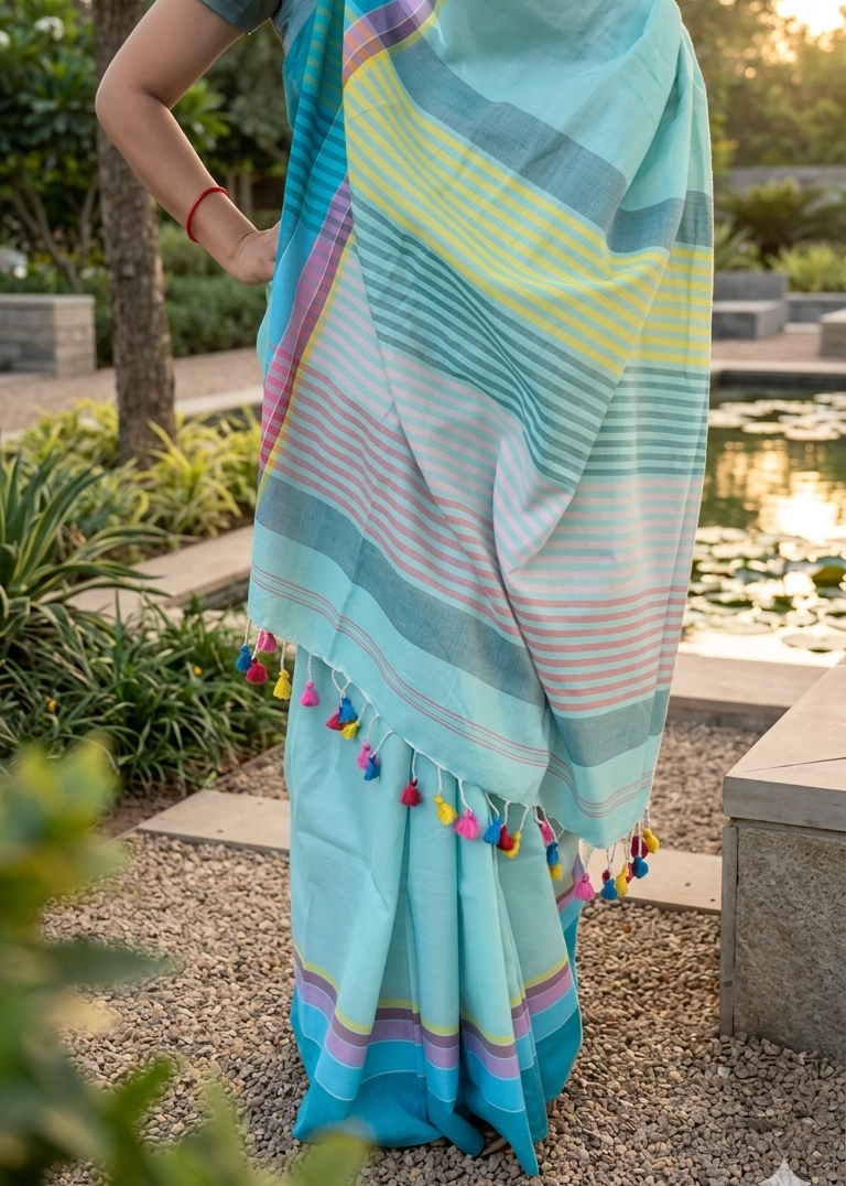 Woman wearing a colorful striped saree with pom-poms in an outdoor setting.
