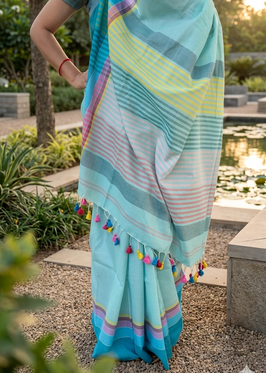Woman wearing a colorful striped saree with pom-poms in an outdoor setting.