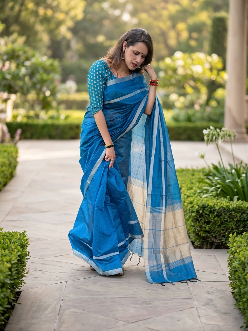 Woman in a blue saree walking outdoors in a garden setting