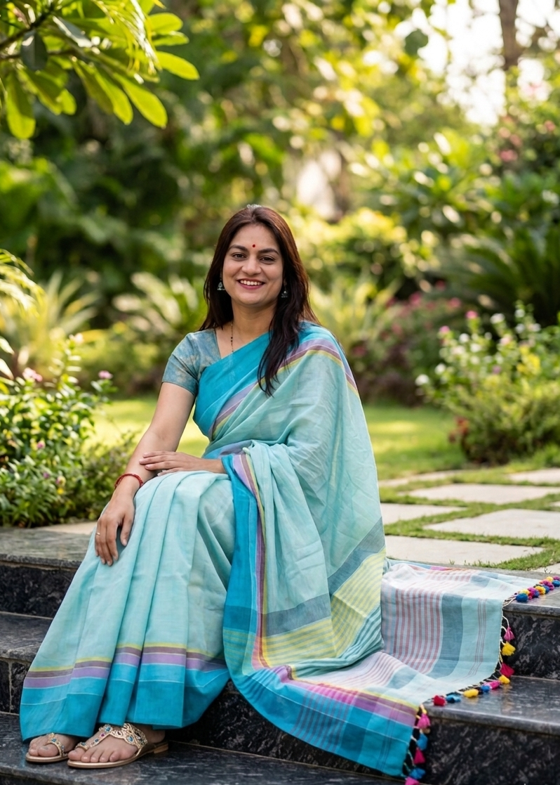 Woman in a blue saree sitting on steps with a garden background