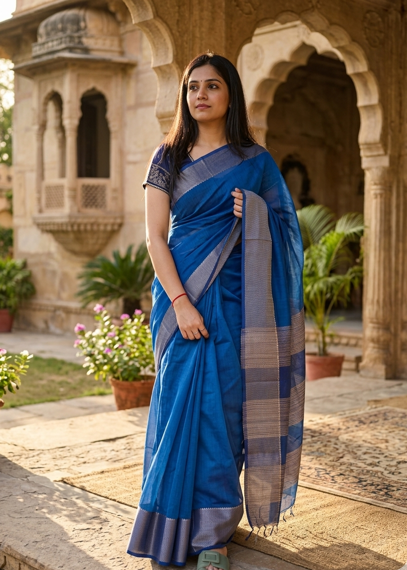 Woman in a blue saree standing in front of an architectural structure with plants around.