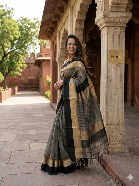 Charcoal Grey Maheshwari Handloom Saree