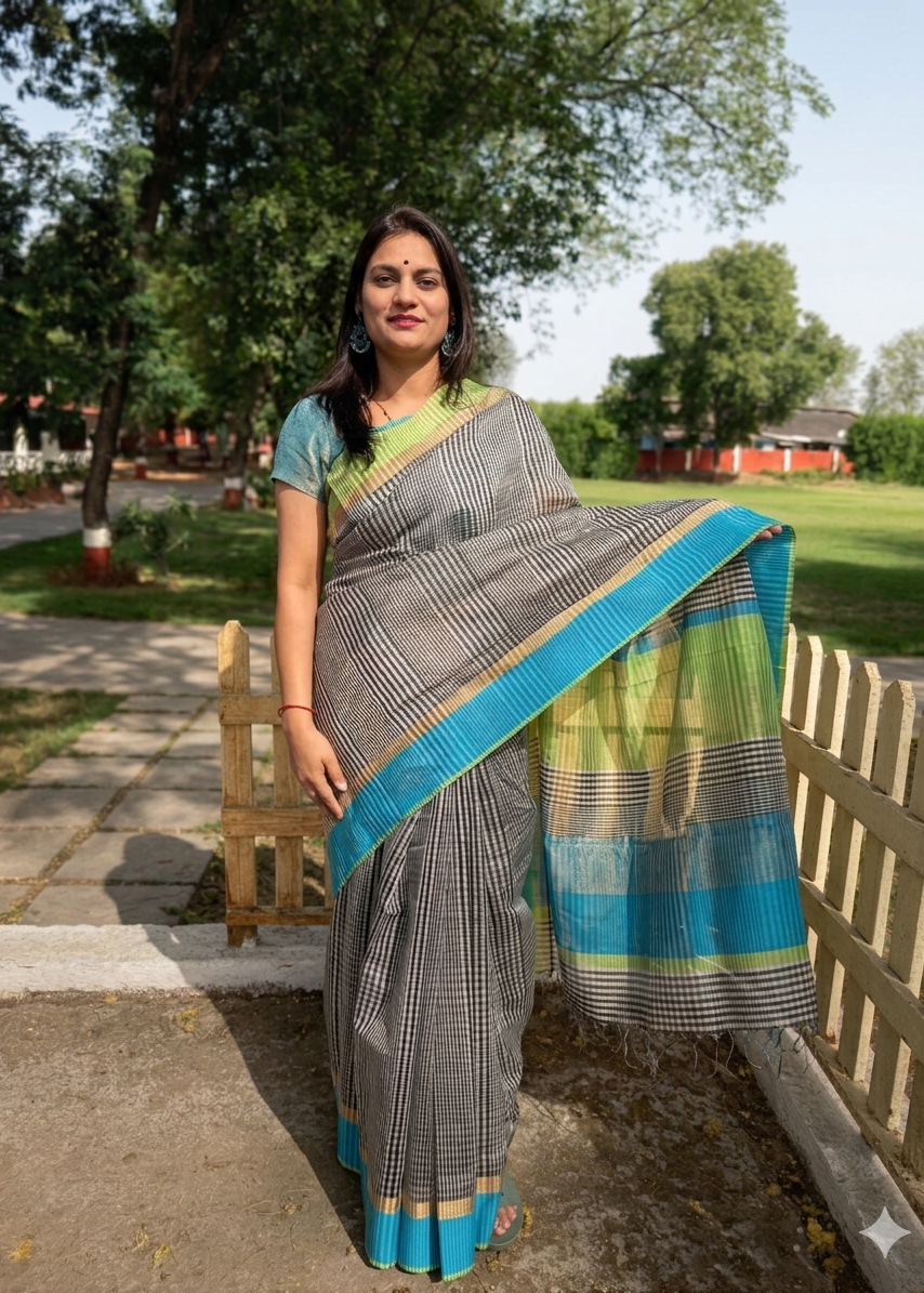 Woman wearing a traditional saree outdoors with trees and a bench in the background