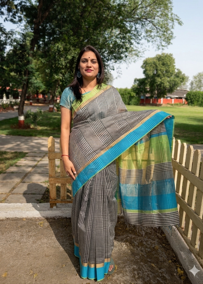 Woman wearing a traditional saree outdoors with trees and a bench in the background