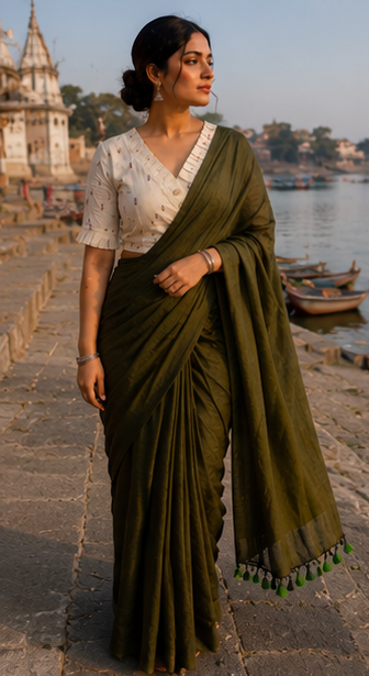 Mehndi green fancy khadi cotton saree with khadi cotton Ready made blouse