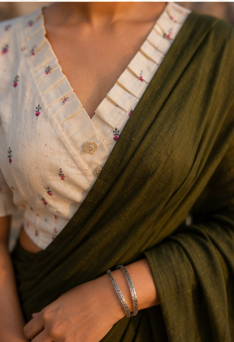 Mehndi green fancy khadi cotton saree with khadi cotton Ready made blouse