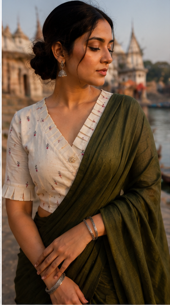 Mehndi green fancy khadi cotton saree with khadi cotton Ready made blouse