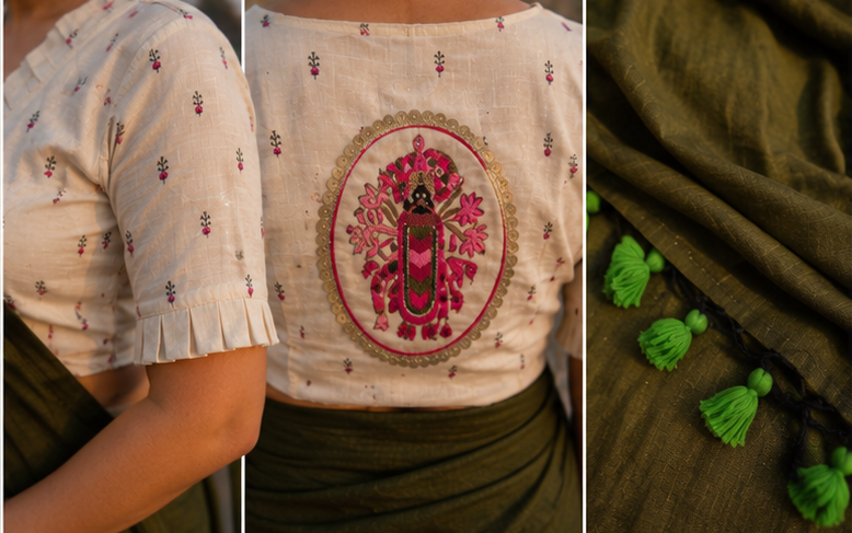 Mehndi green fancy khadi cotton saree with khadi cotton Ready made blouse