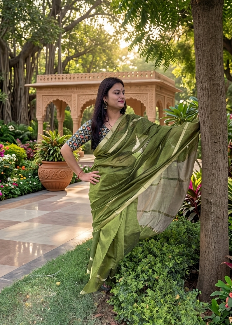 Woman in a green saree standing in a garden with trees and flowers around