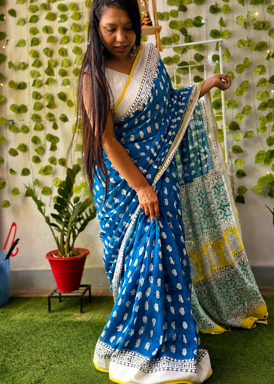 Saanjh – Pure Linen Cotton Bagru Hand Block Print Saree