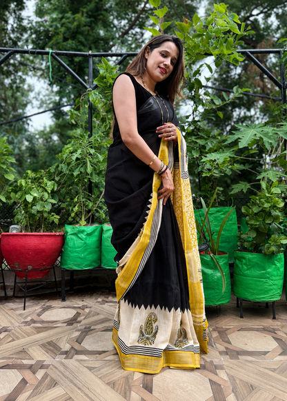 Sunlit Kesar – Pure Linen Hand Block Print Saree