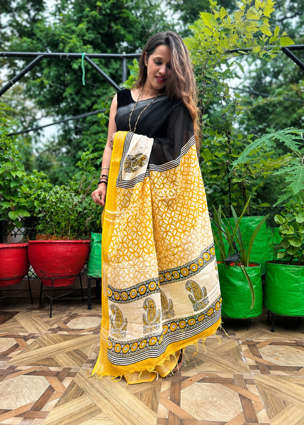 Sunlit Kesar – Pure Linen Hand Block Print Saree