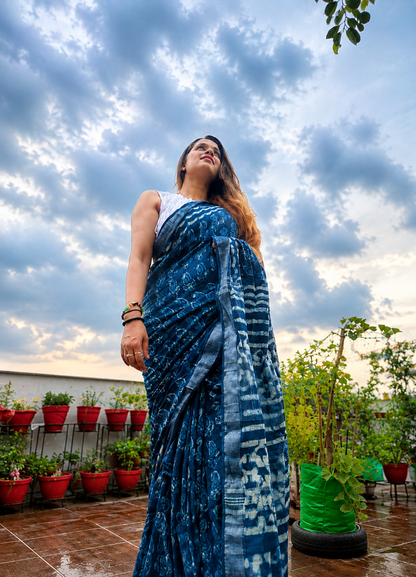 Indraneel – Hand Block Printed Linen Cotton Saree