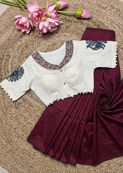 Maroon Fancy Khadi Cotton Saree with Khadi Cotton Blouse