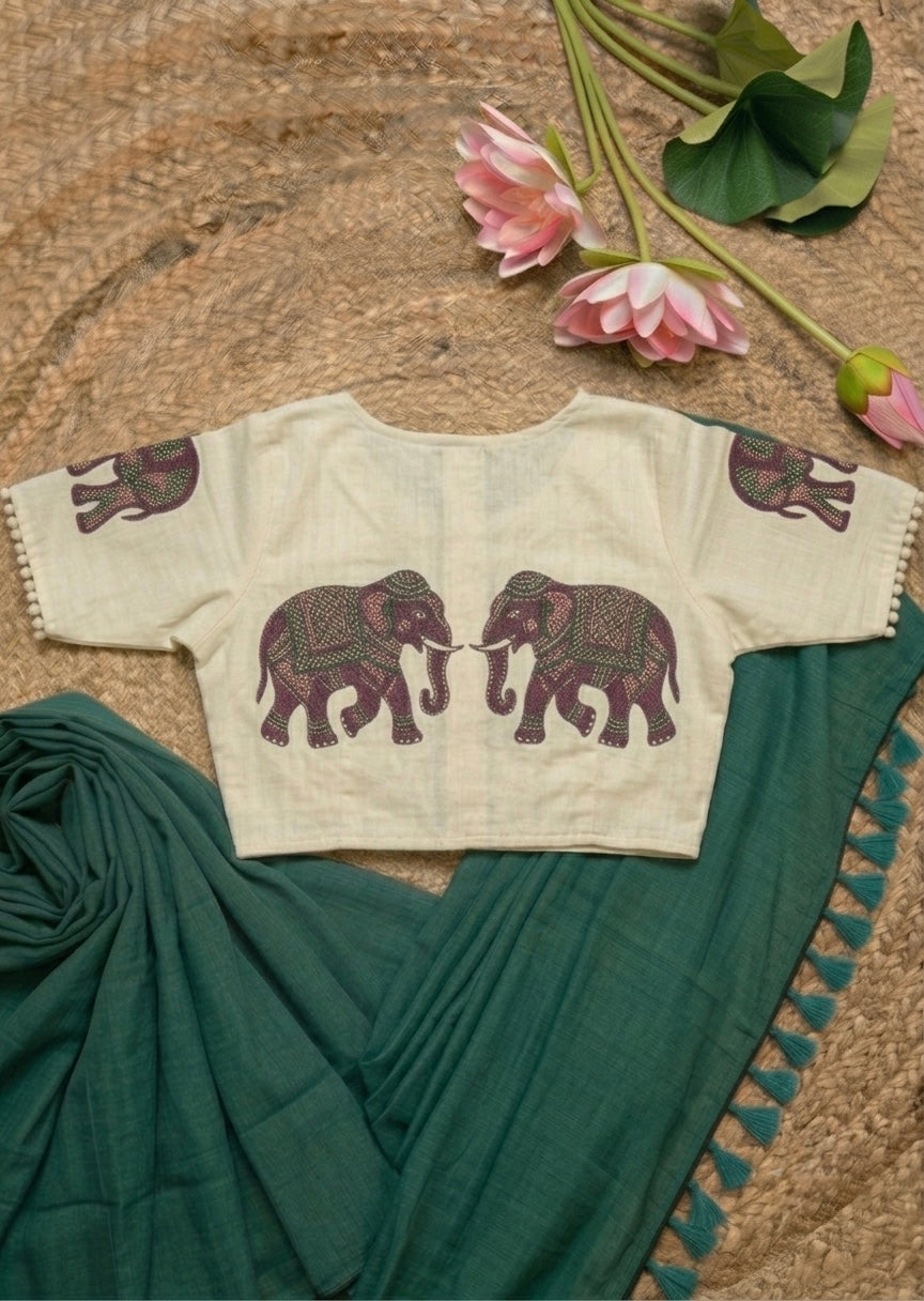Rama Green Fancy Khadi Cotton Saree with Khadi Cotton Blouse