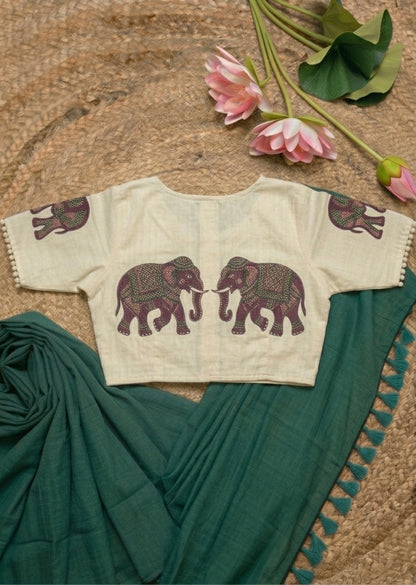 Rama Green Fancy Khadi Cotton Saree with Khadi Cotton Blouse