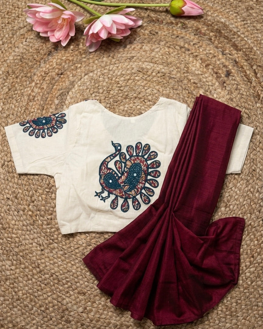 Maroon Fancy Khadi Cotton Saree with Khadi Cotton Blouse