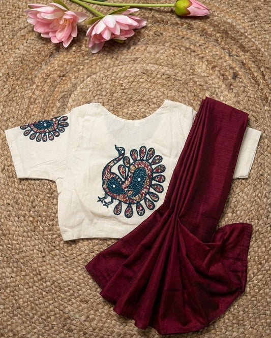 Maroon Fancy Khadi Cotton Saree with Khadi Cotton Blouse