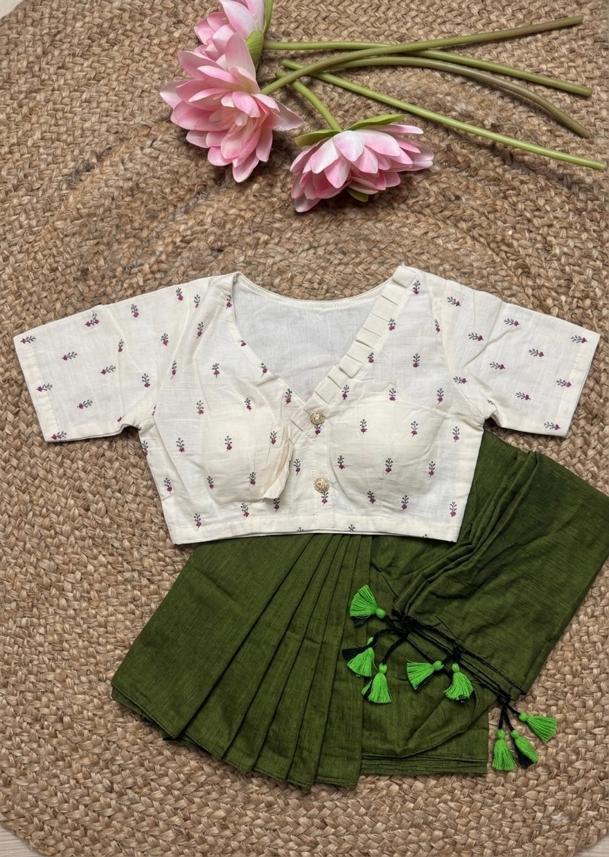 Mehndi green fancy khadi cotton saree with khadi cotton Ready made blouse