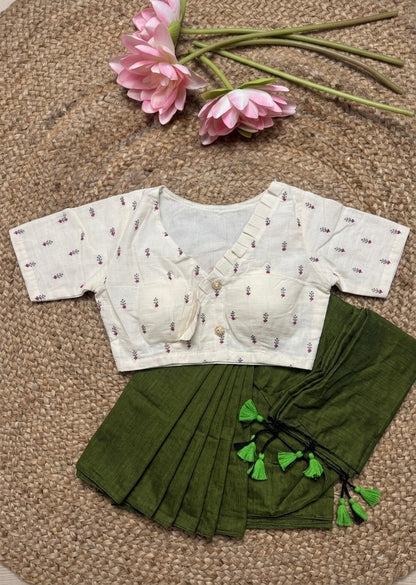 Mehndi green fancy khadi cotton saree with khadi cotton Ready made blouse