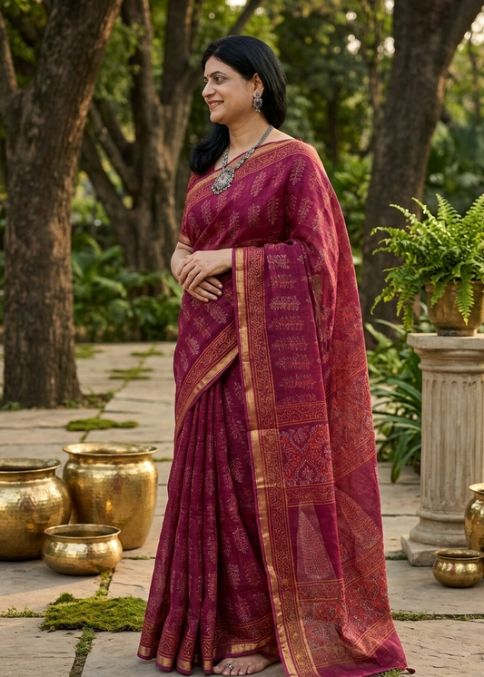Woman in a maroon saree standing outdoors with greenery and pots in the background
