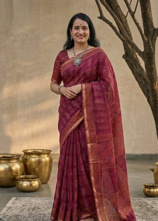 Woman in a maroon saree standing in front of gold pots and a tree