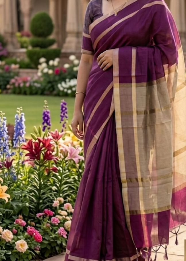 Woman in a purple saree standing in front of a garden with 'HERA' branding.