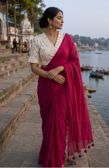 Magenta fancy khadi cotton saree with khadi cotton Ready made blouse