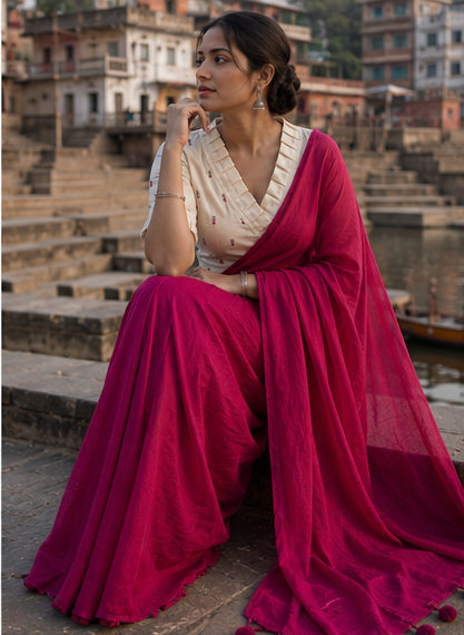 Magenta fancy khadi cotton saree with khadi cotton Ready made blouse