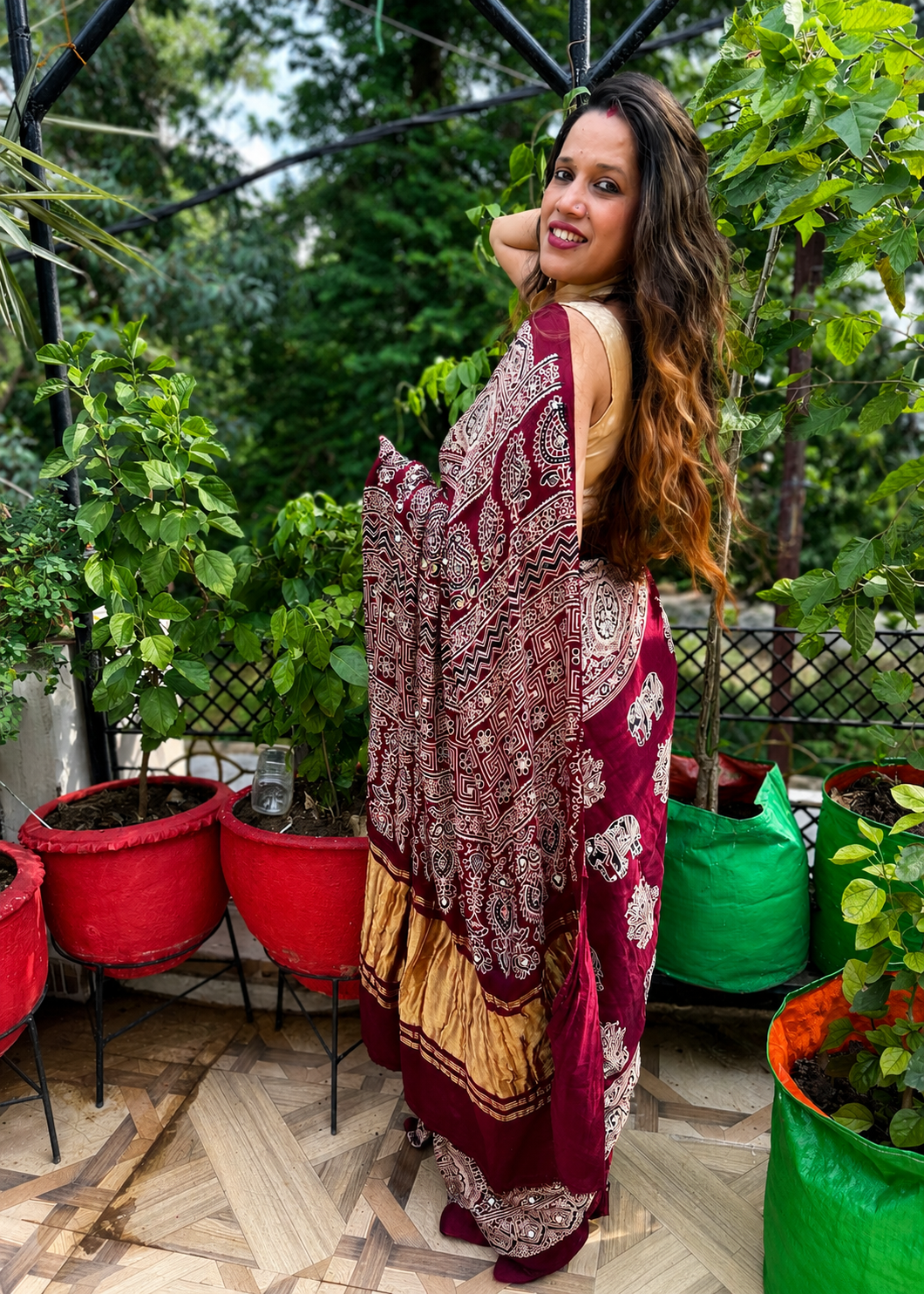 Ruhani Pure Gajji Silk Ajrakh Saree with Mirror Work & Lakdi Pattu Border