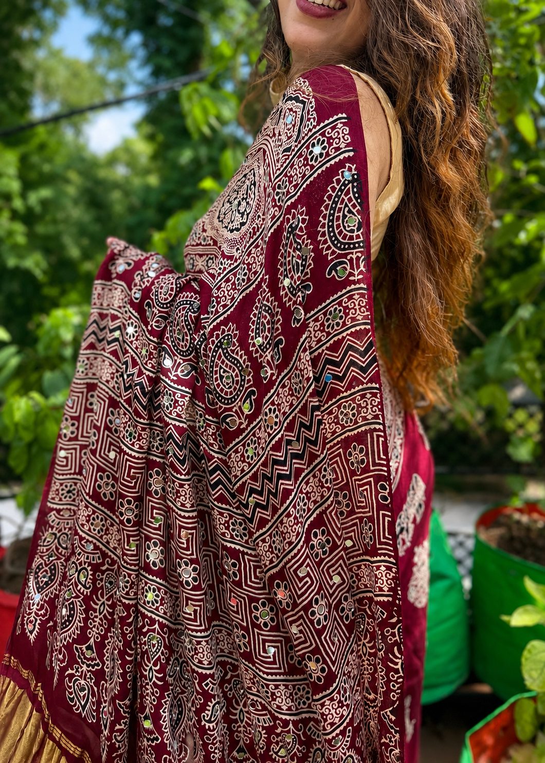 Ruhani Pure Gajji Silk Ajrakh Saree with Mirror Work & Lakdi Pattu Border