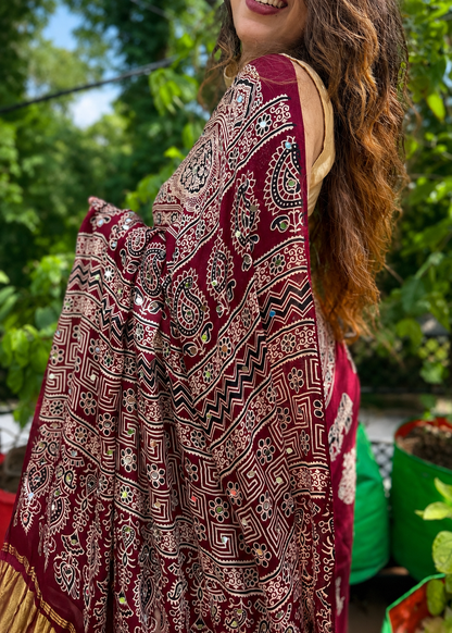 Ruhani Pure Gajji Silk Ajrakh Saree with Mirror Work & Lakdi Pattu Border