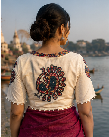 Woman in traditional attire by a river with a scenic background